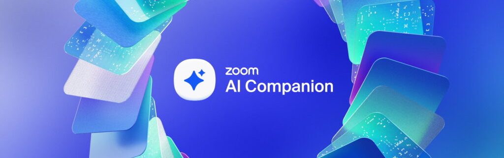Hands typing on a keyboard with Zoom logo and 'AI: prompt' in a search bar