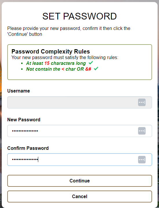 Screenshot showing the password length and complexity requirements.