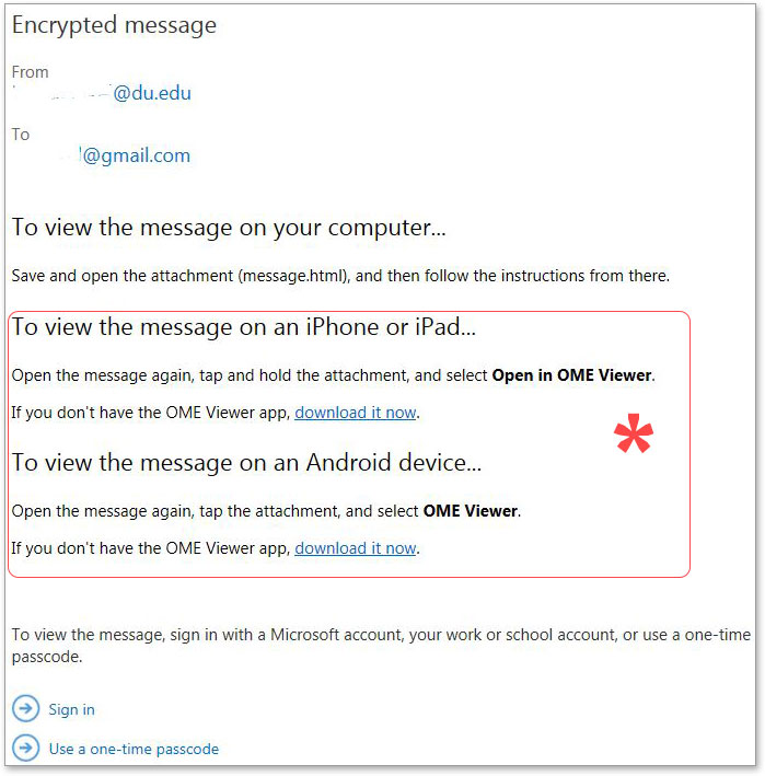 Viewing encrypted email instructions